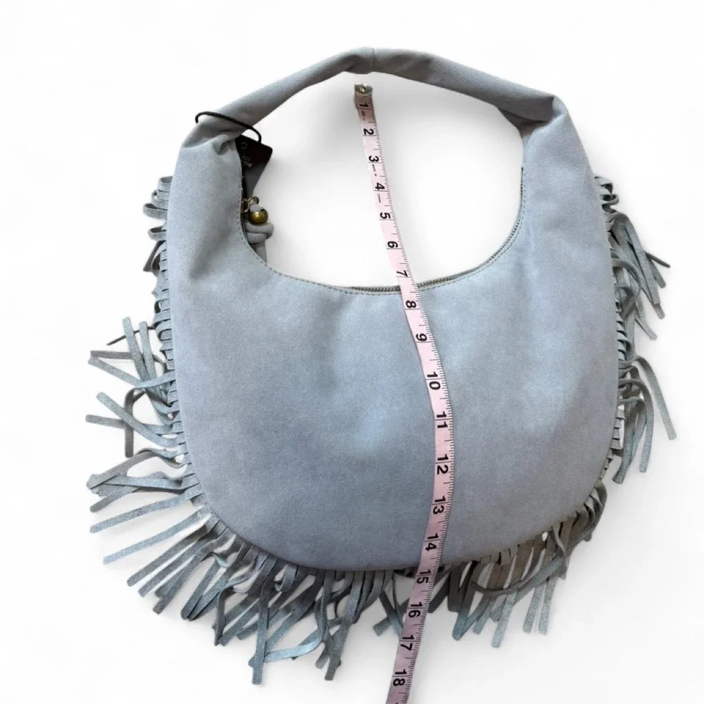 Juniper & Joy Gray/Blue Faux Suede‎ Fringe Hobo Shoulder Bag